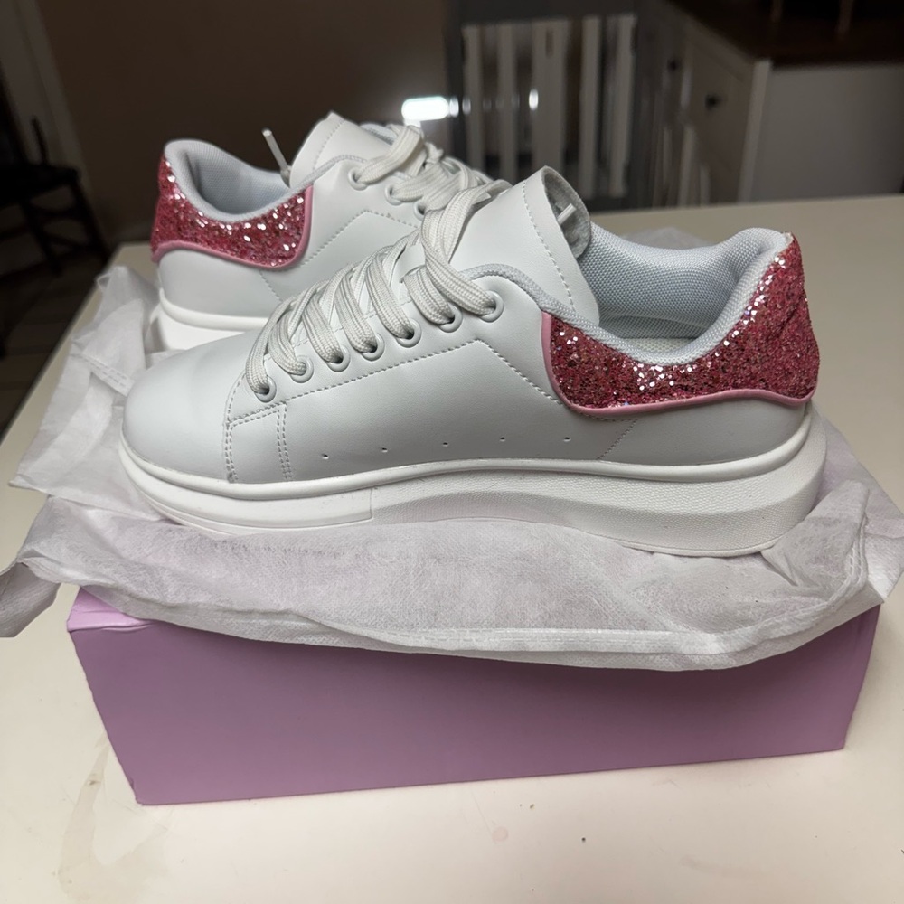 Women's White and Pink Glitter Sneakers